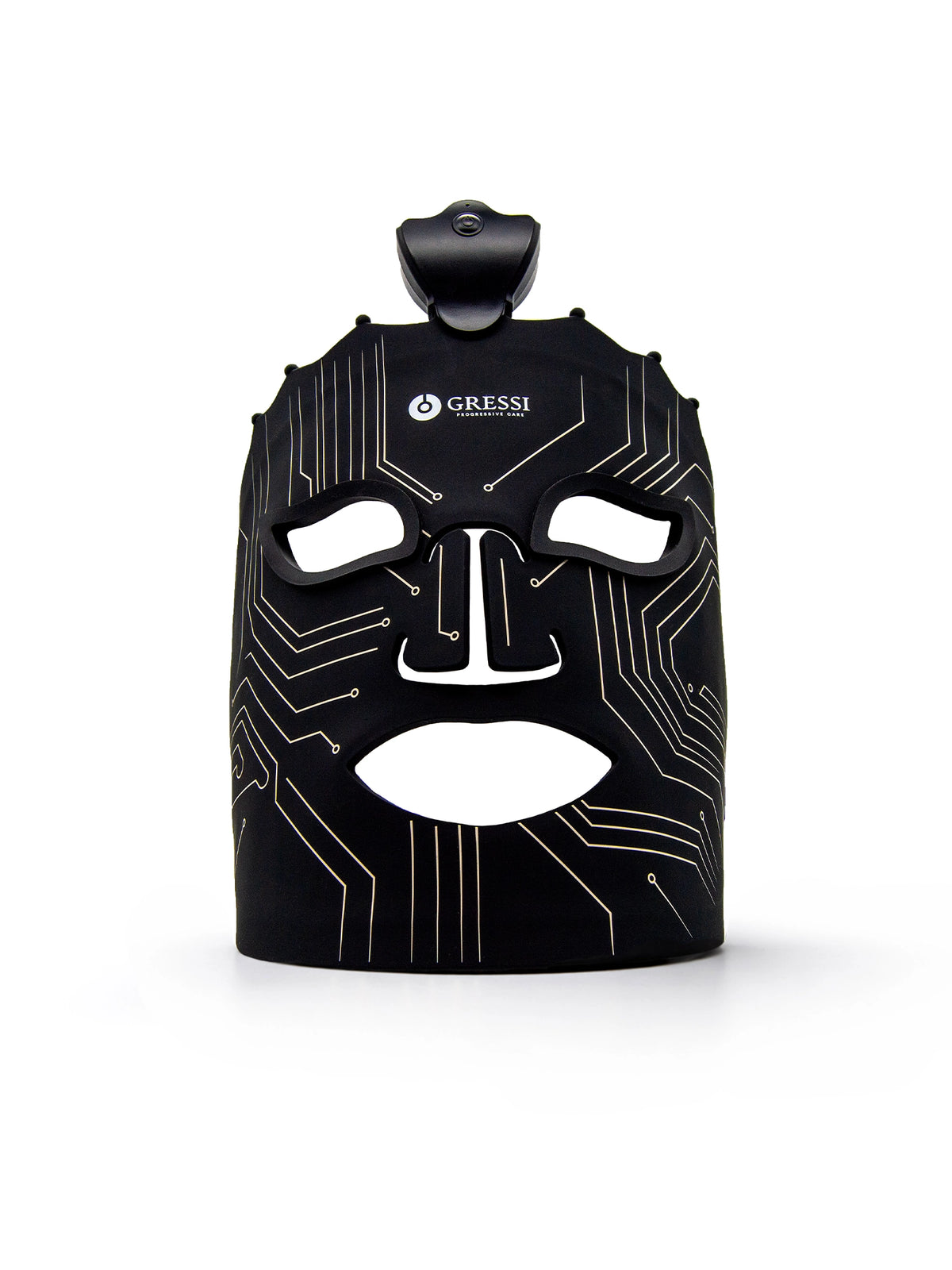 Black LED LIGHT facial mask product with 'Gressi' branding on a white background